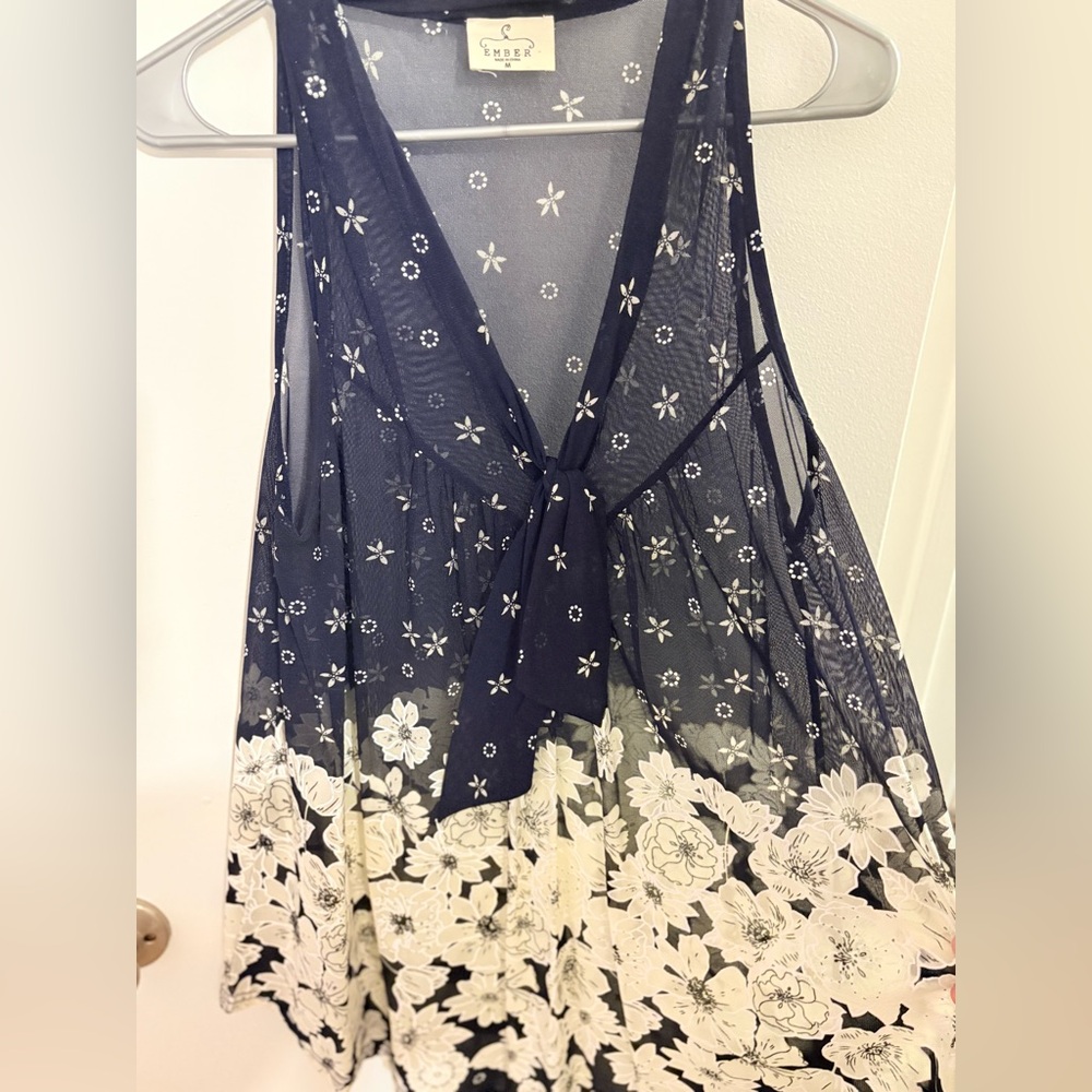 Blue Sleeveless Tie Front Embellished Blouse